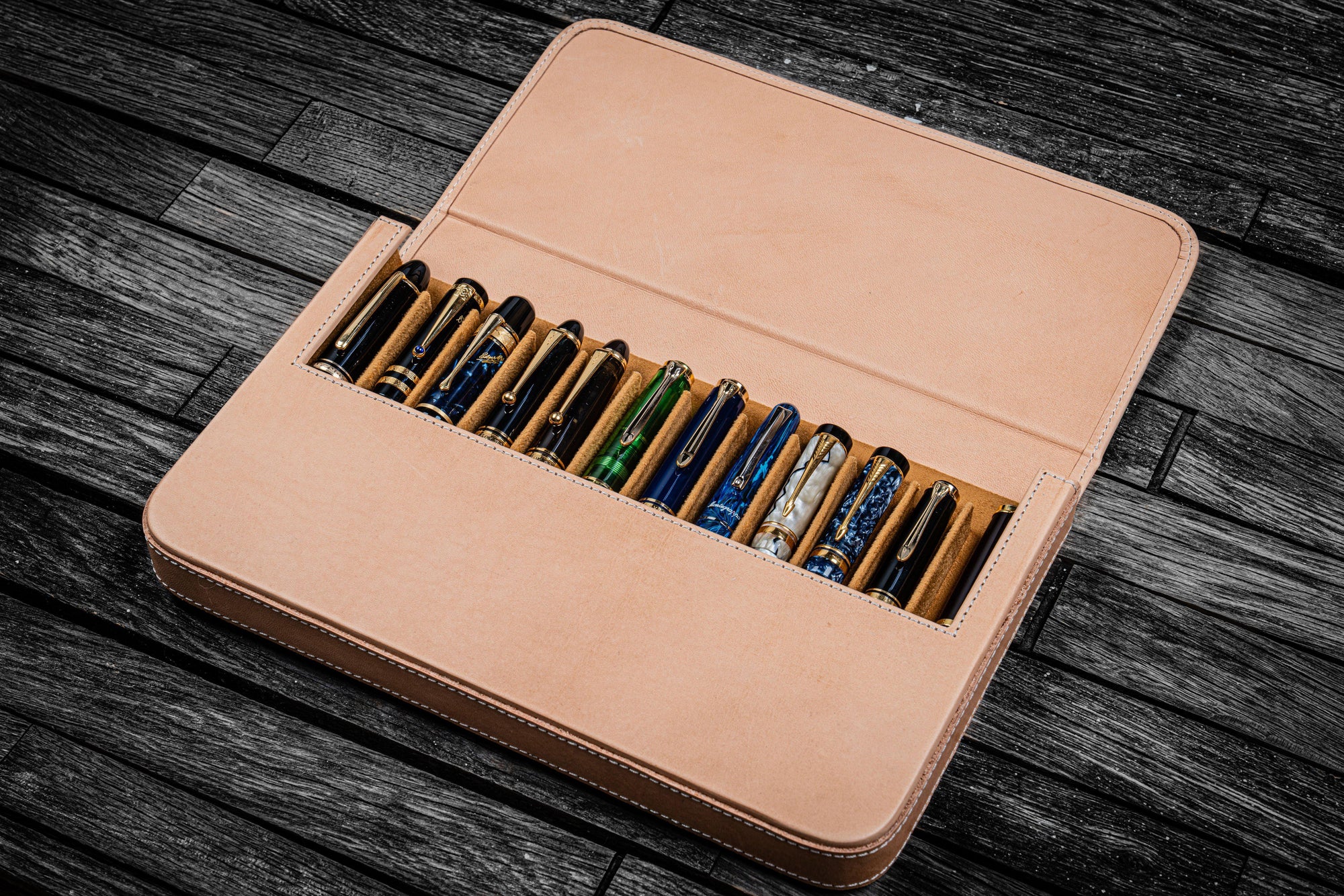 Leather Magnum Opus 12 Slots Hard Pen Case with Removable Pen Tray - Undyed Leather-Galen Leather