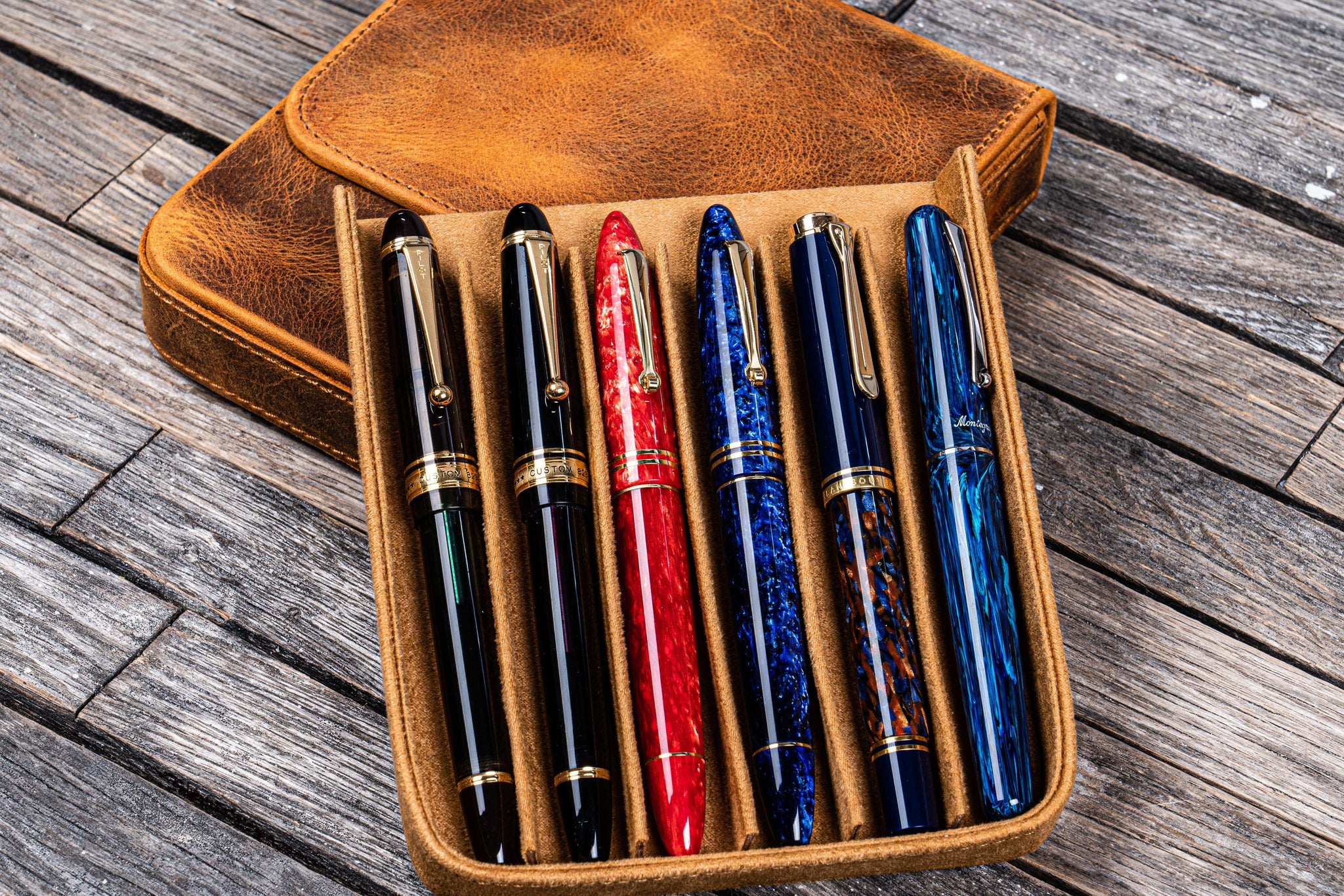 thumbnail interactive-video image 1 of Genuine Leather 6-Slot Fountain Pen Case – Vintage Desk Organizer Tray Box 1 of 4