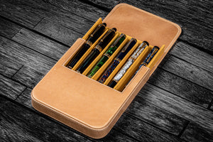 Handmade Crazy Horse Honey Ochre Leather Magnum Opus 6 Slots Hard Pen Case with Removable Pen Tray - Galen Leather