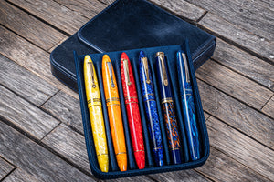 Handmade Crazy Horse Navy Blue Leather Magnum Opus 6 Slots Hard Pen Case with Removable Pen Tray - Galen Leather