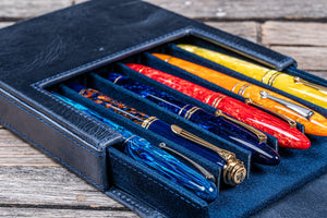 Handmade Crazy Horse Navy Blue Leather Magnum Opus 6 Slots Hard Pen Case with Removable Pen Tray - Galen Leather