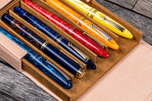 Handmade Undyed Leather Magnum Opus 6 Slots Hard Pen Case with Removable Pen Tray - Galen Leather