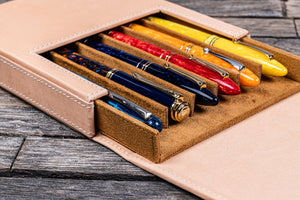 Handmade Undyed Leather Magnum Opus 6 Slots Hard Pen Case with Removable Pen Tray - Galen Leather