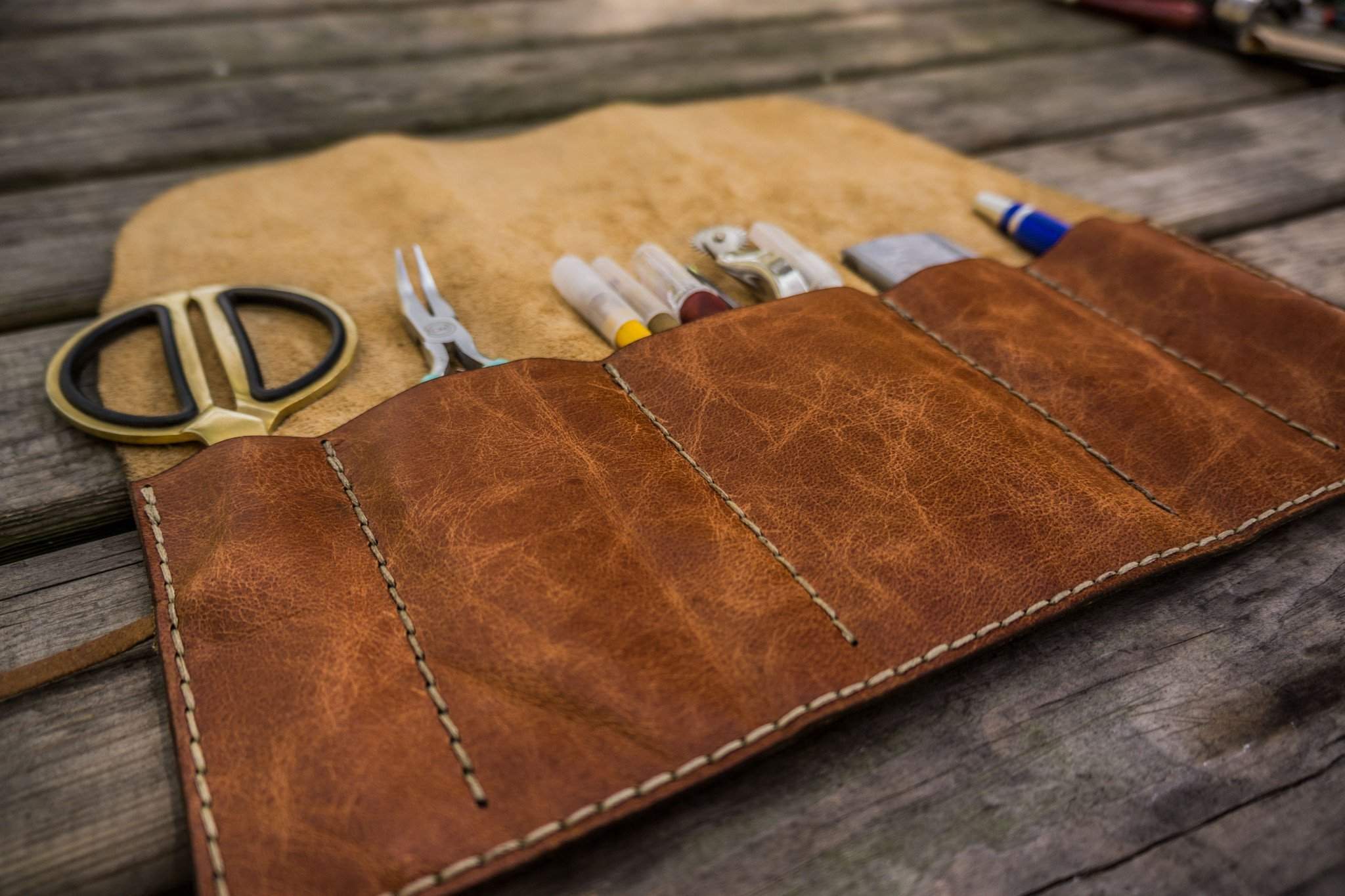 Leather Pen Roll - Rustic Brown