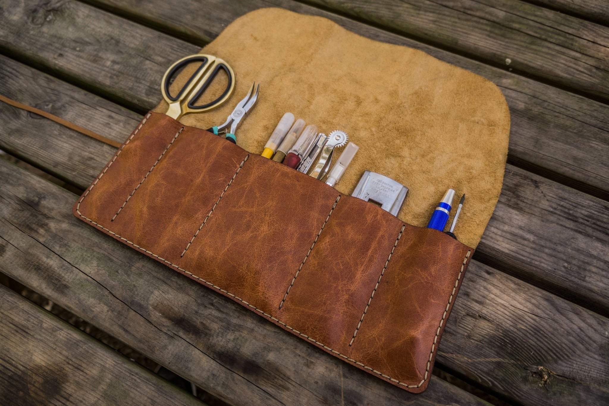 Personalized Leather Pen Roll - Brown