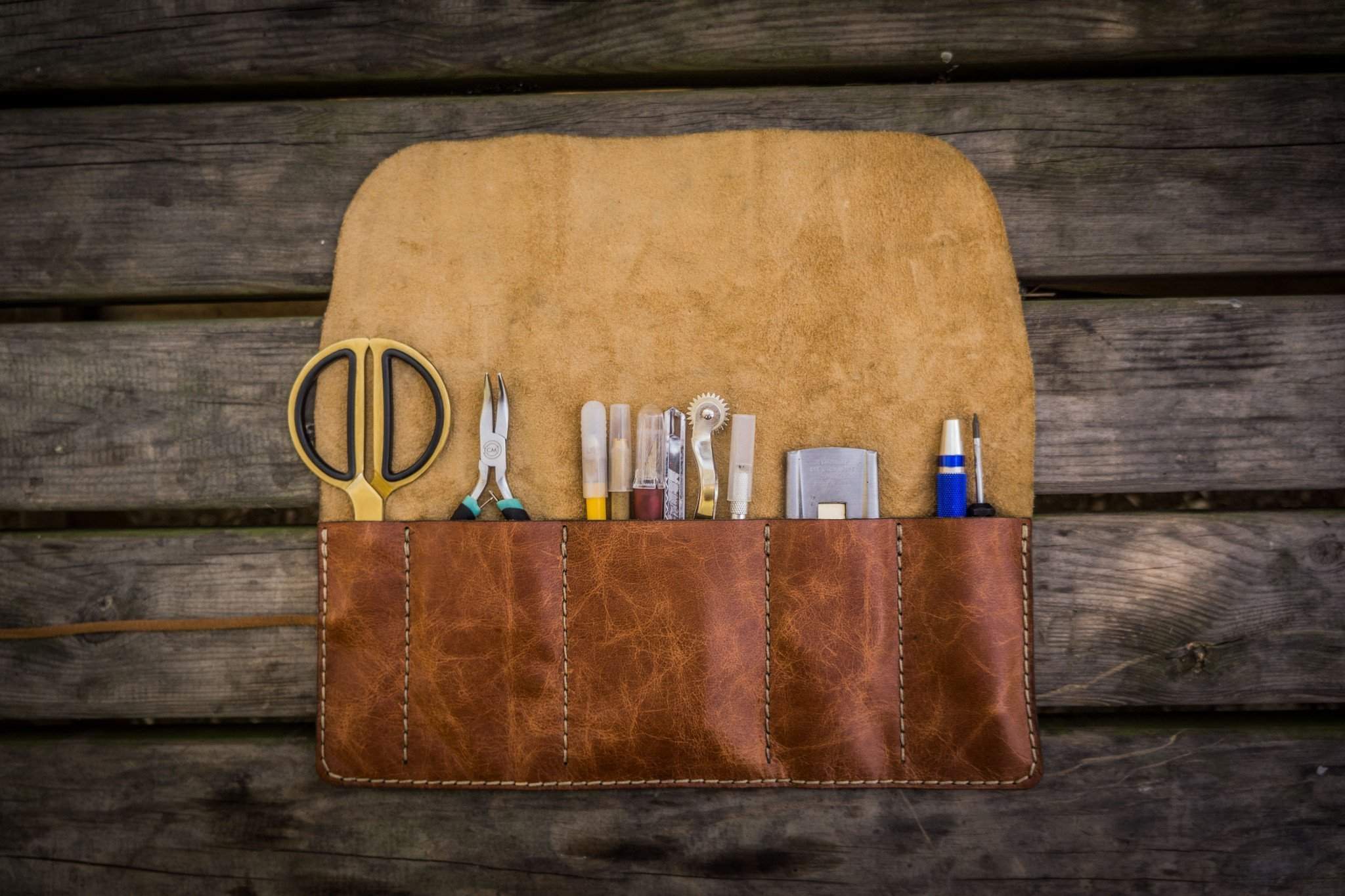 Leather Pen Roll - Rustic Brown