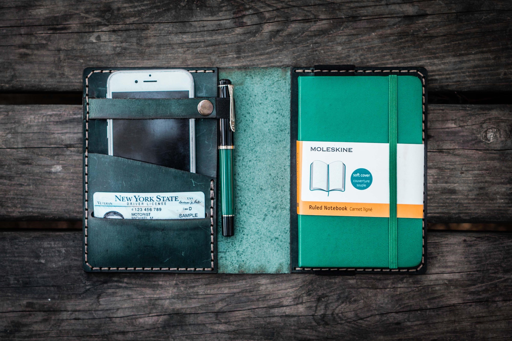 Leather Pocket Moleskine Journal Cover - Crazy Horse Forest Green-Galen Leather