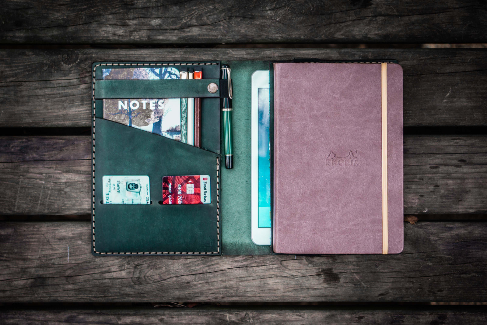 Leather Rhodia A5 Notebook & iPad Mini Cover - Crazy Horse Forest Green-Galen Leather