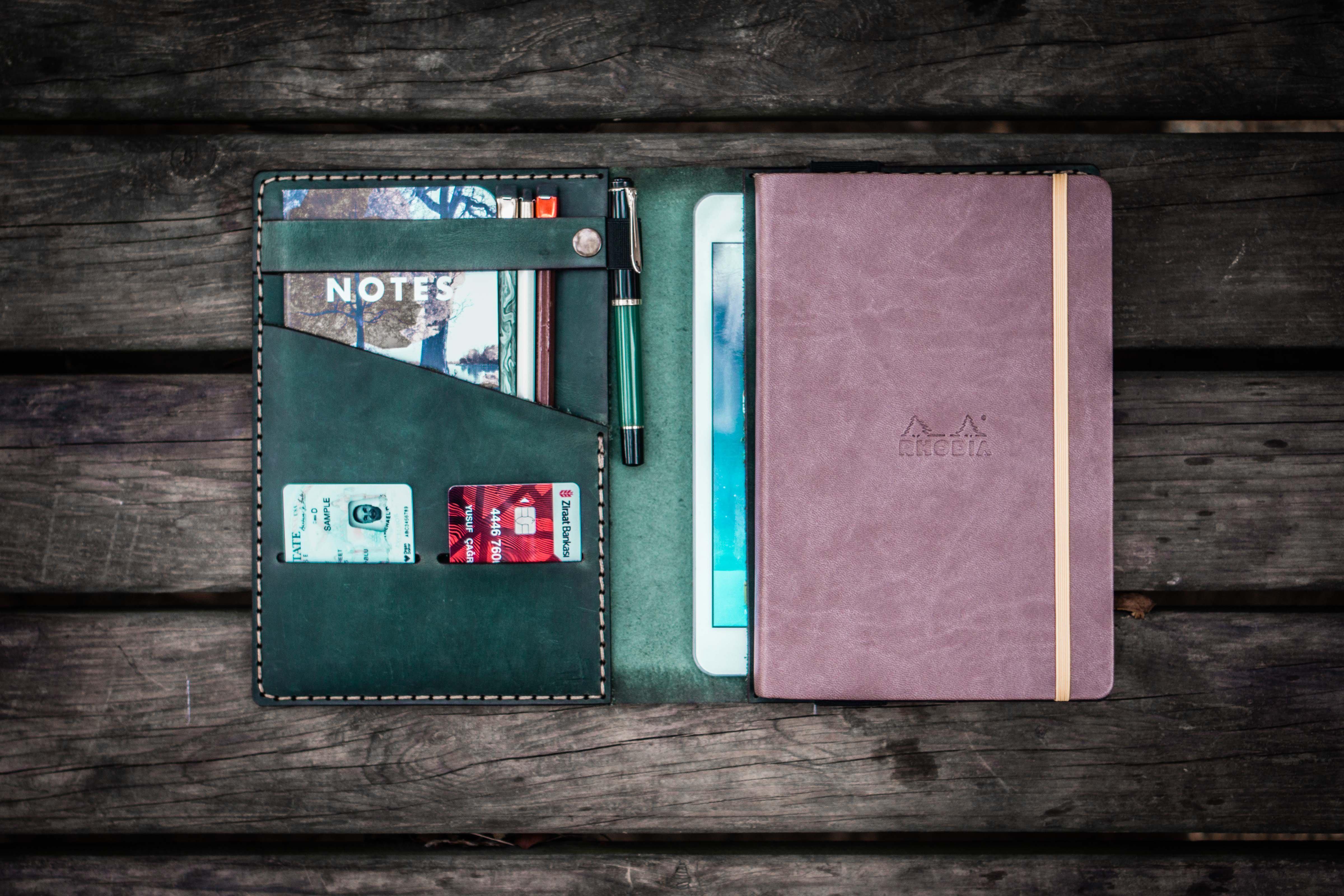 Leather Rhodia A5 Notebook & iPad Cover - Crazy Horse Forest Green