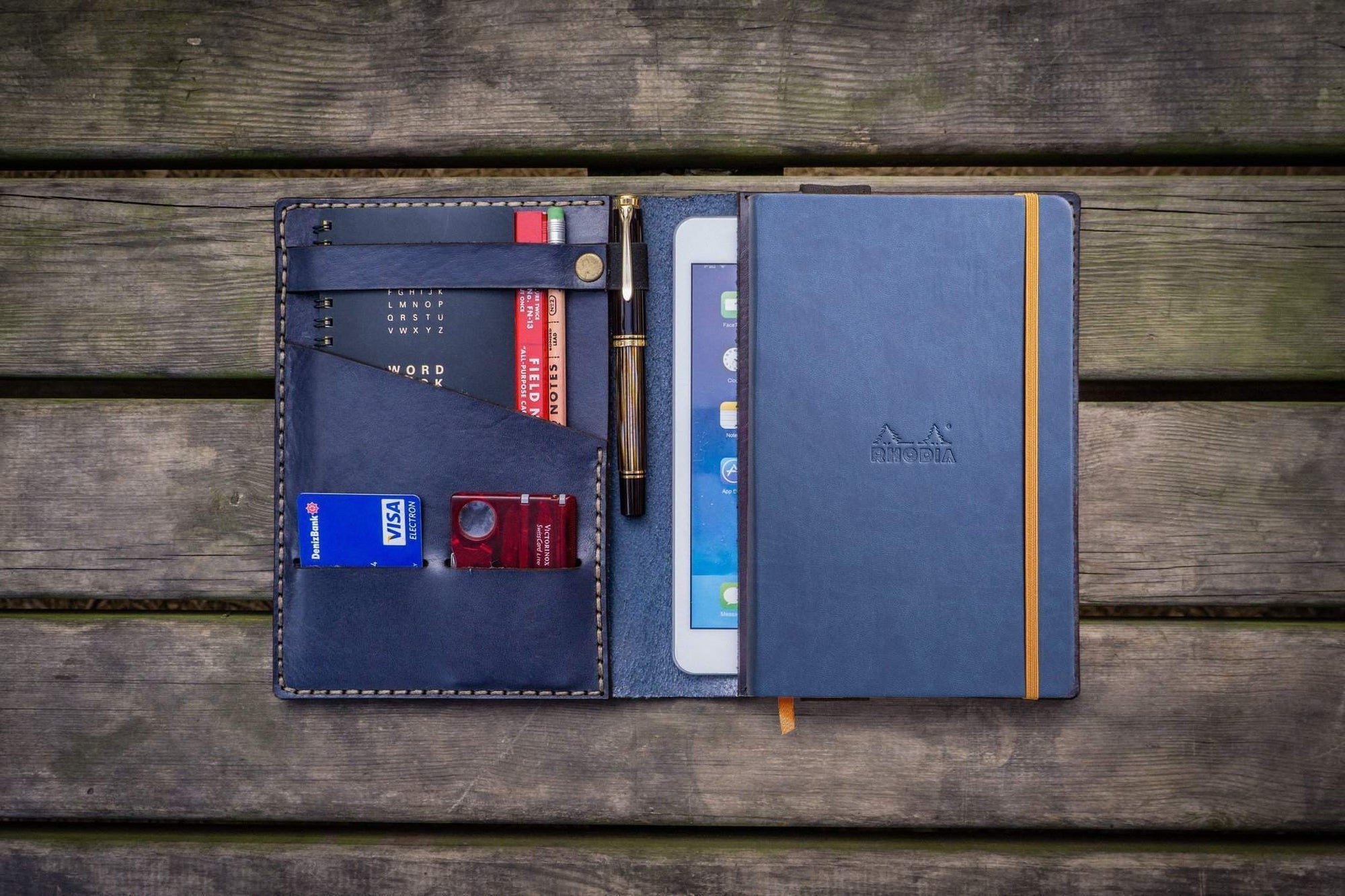 Leather Rhodia A5 Notebook & iPad Mini Cover - Navy Blue-Galen Leather