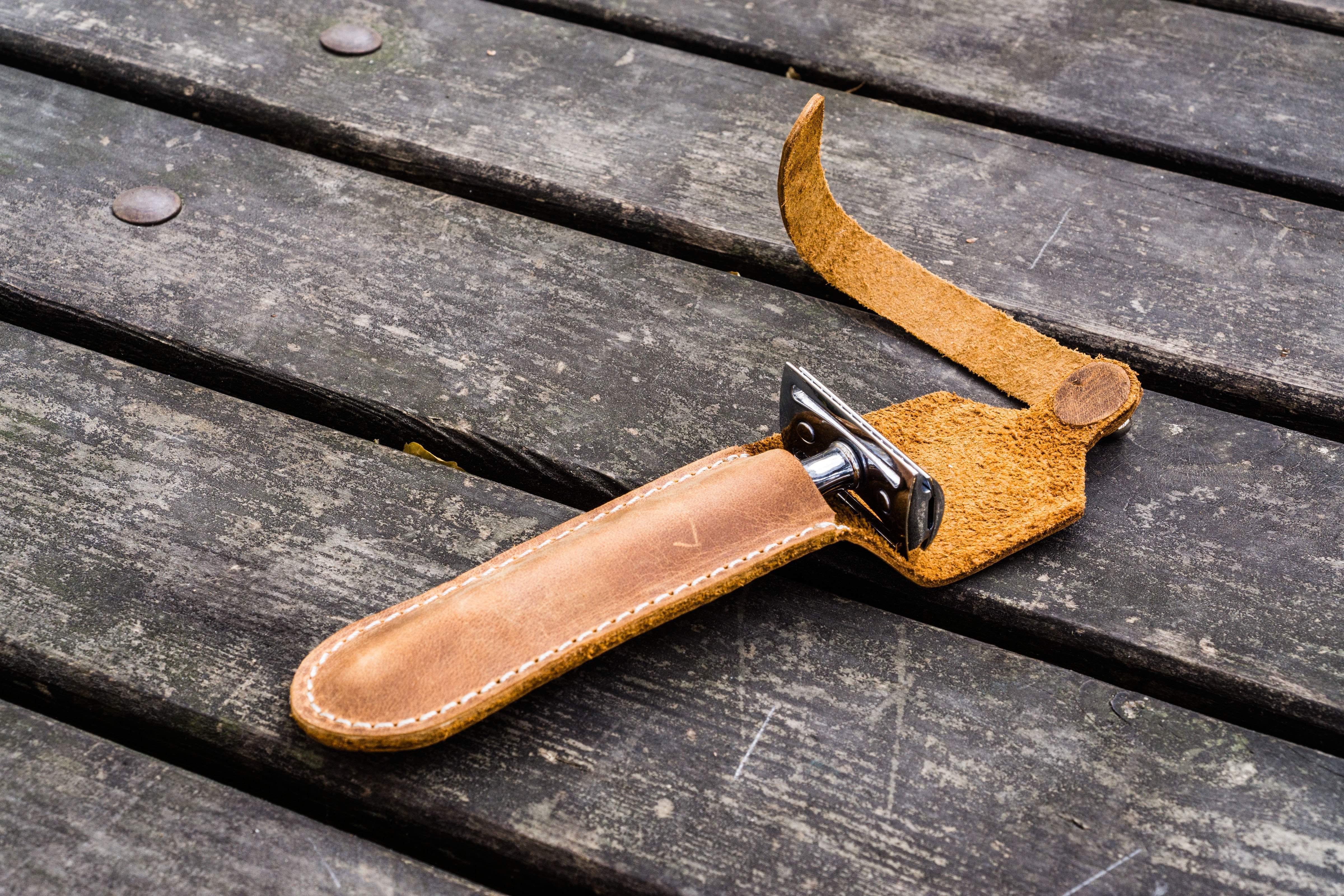 Handmade Leather Safety Razor Case - Crazy Horse Brown - Galen Leather