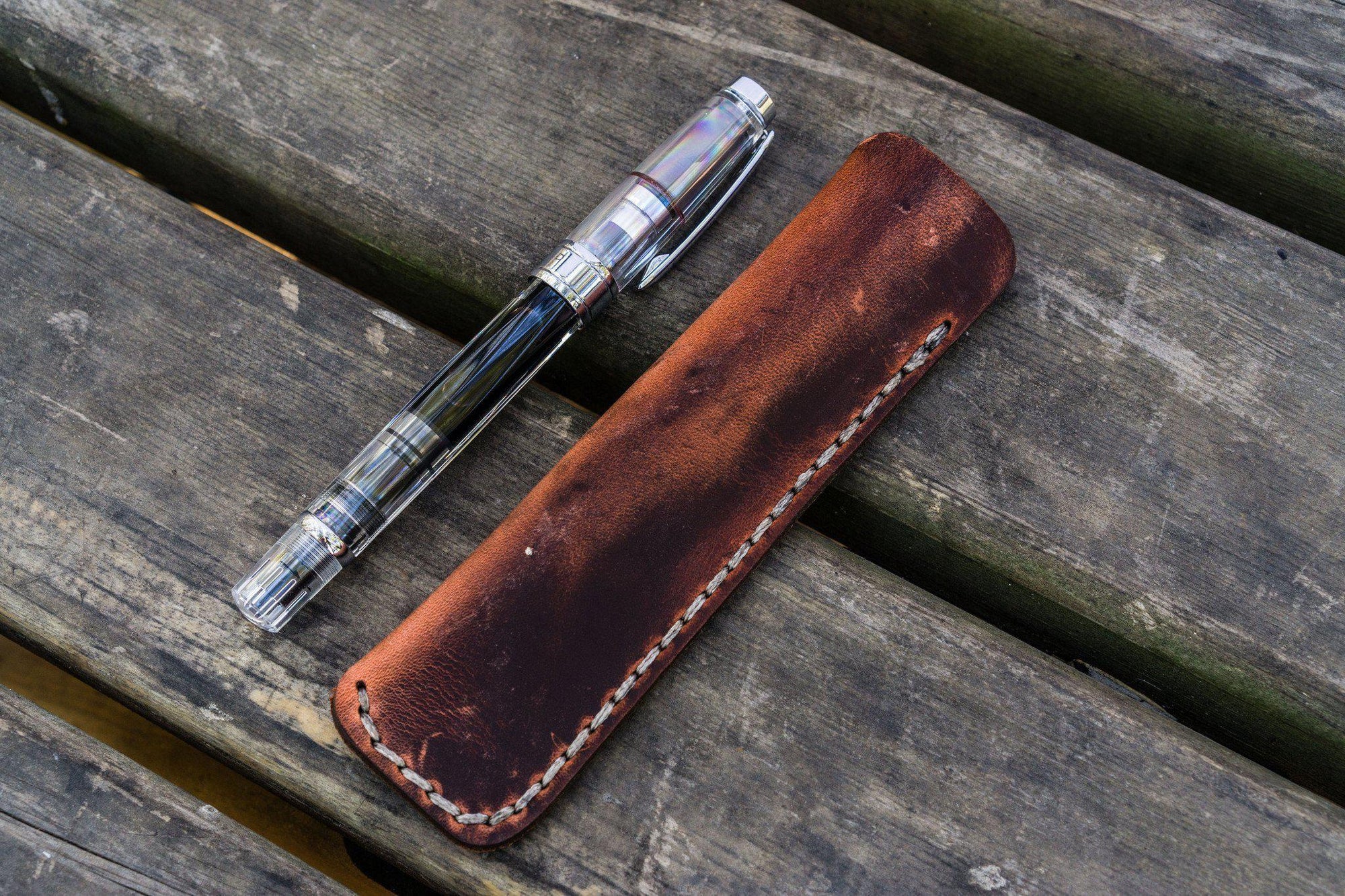 Leather Single Fountain Pen Case / Pen Pouch - Crazy Horse Orange-Galen Leather
