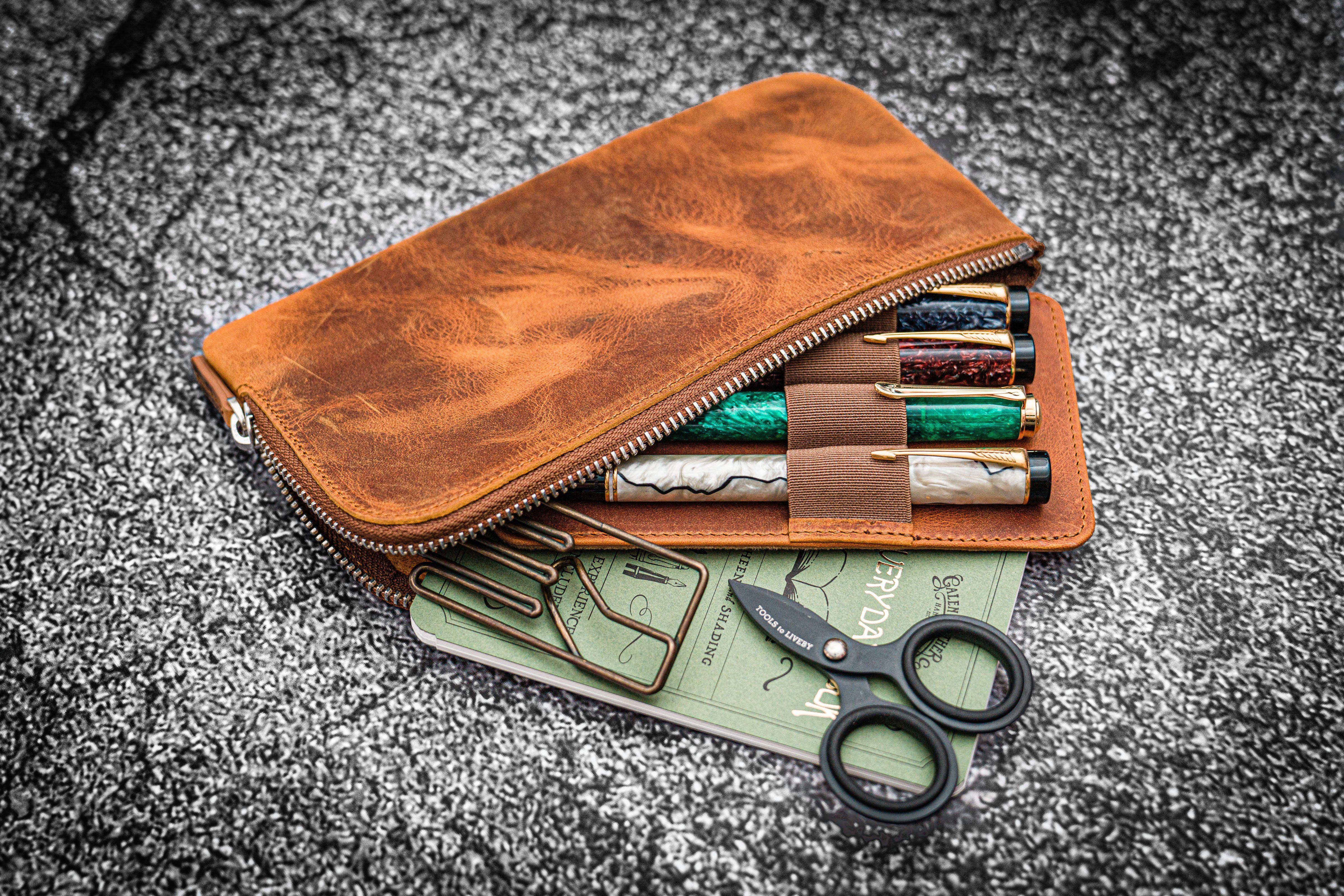 RUSTIC TOWN Leather Pencil Pouch - Zippered Pen Case for Work