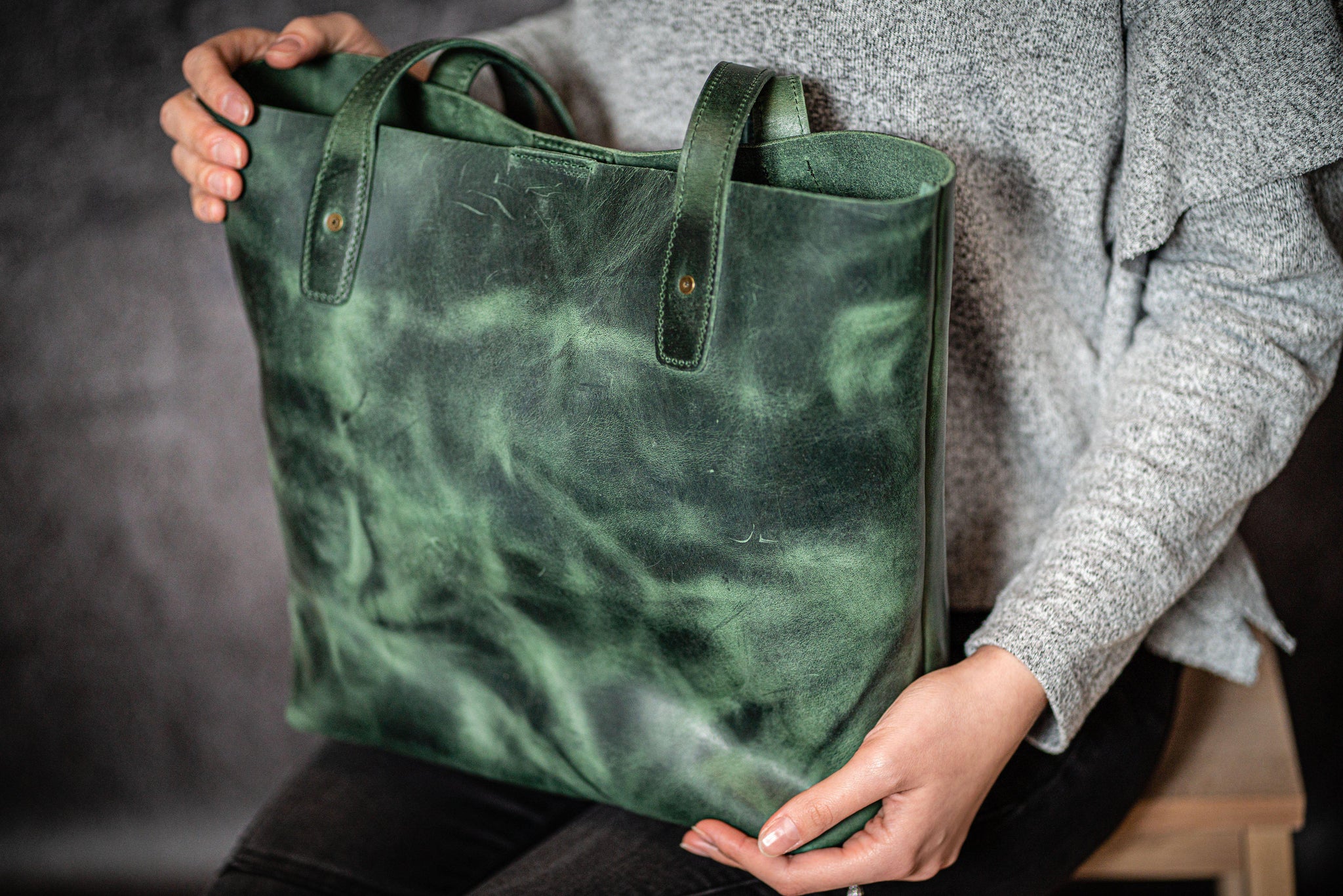 Leather tote bag green Clearance