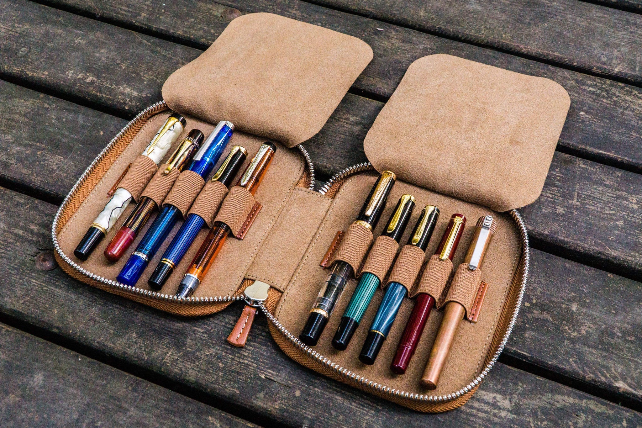 Handmade Leather Zippered 10 Slots Pen Case - Brown - Galen Leather