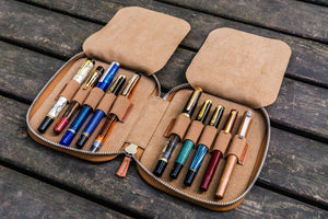 Leather Zippered 10 Slots Pen Case - Brown-Galen Leather