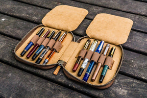 Leather Zippered 10 Slots Pen Case - Crazy Horse Brown-Galen Leather