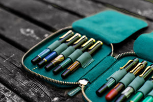 Leather Zippered 10 Slots Pen Case - Crazy Horse Forest Green-Galen Leather