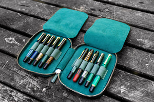 Leather Zippered 10 Slots Pen Case - Crazy Horse Forest Green-Galen Leather