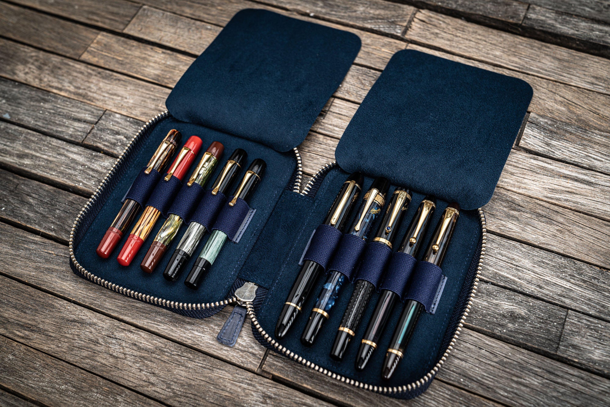 Leather Zippered 10 Slots Pen Case - Crazy Horse Navy Blue-Galen Leather