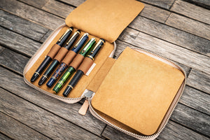 Leather Zippered 10 Slots Pen Case - Undyed Leather-Galen Leather