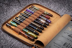 Leather Zippered 10 Slots Pen Case with A5 Notebook Holder - Crazy Horse Brown-Galen Leather