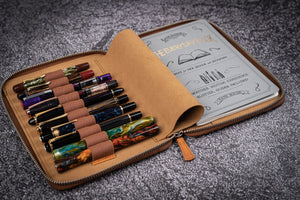 Leather Zippered 10 Slots Pen Case with A5 Notebook Holder - Crazy Horse Brown-Galen Leather