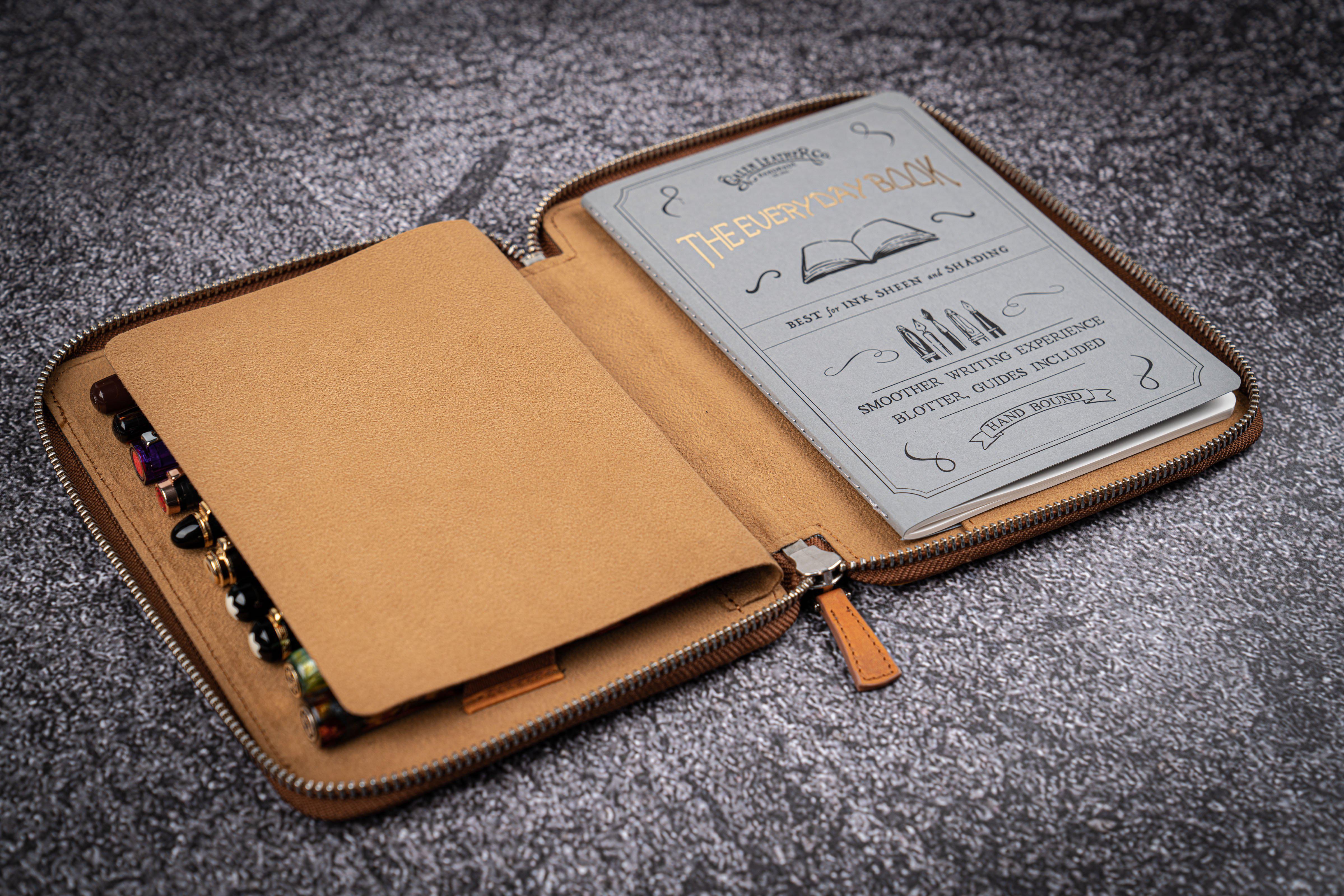 Leather Zip 10 Slots Pen Case w/ A5 Notebook Holder - Galen Leather