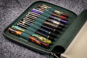 Leather Zippered 10 Slots Pen Case with A5 Notebook Holder - Crazy Horse Forest Green-Galen Leather