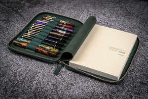 Leather Zippered 10 Slots Pen Case with A5 Notebook Holder - Crazy Horse Forest Green-Galen Leather