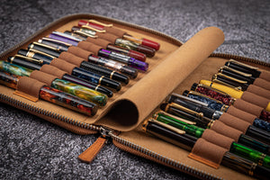 Leather Zippered 20 Slots Pen Case - Crazy Horse Brown-Galen Leather