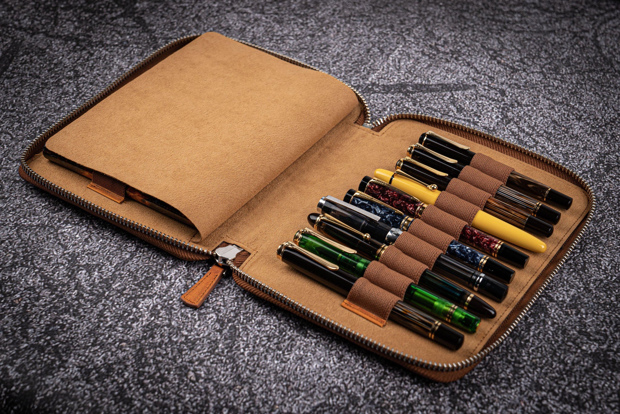 Galen Leather 3 Pen Zipper Case - Crazy Horse Brown