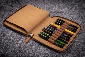 Leather Zippered 20 Slots Pen Case - Crazy Horse Brown-Galen Leather