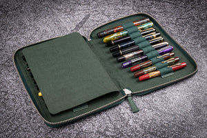 Leather Zippered 20 Slots Pen Case - Crazy Horse Forest Green-Galen Leather