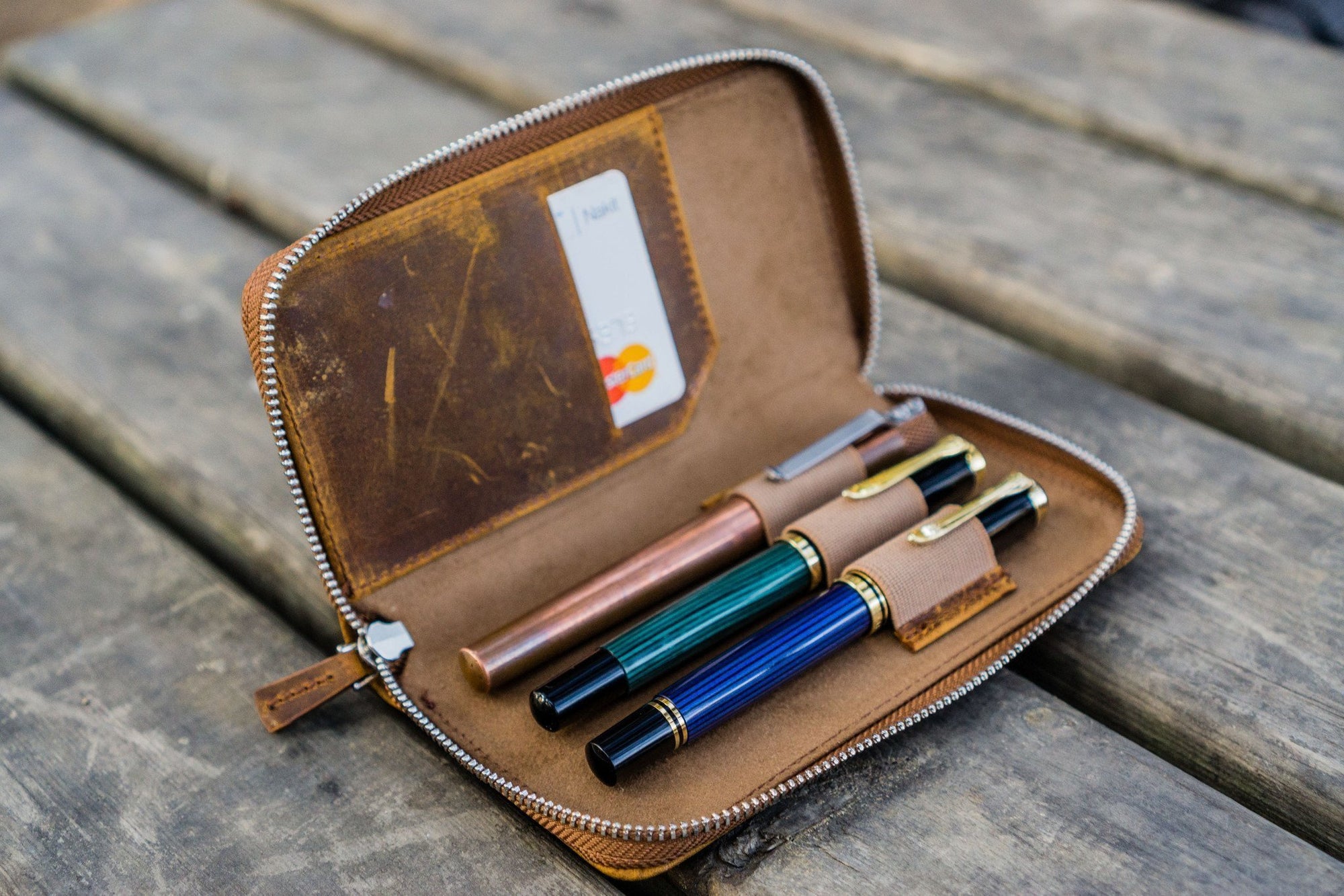 Leather Zippered 3 Slots Pen Case - Crazy Horse Brown - Galen Leather