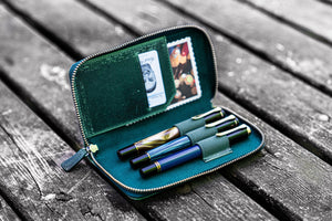 Leather Zippered 3 Slots Pen Case - Crazy Horse Forest Green-Galen Leather