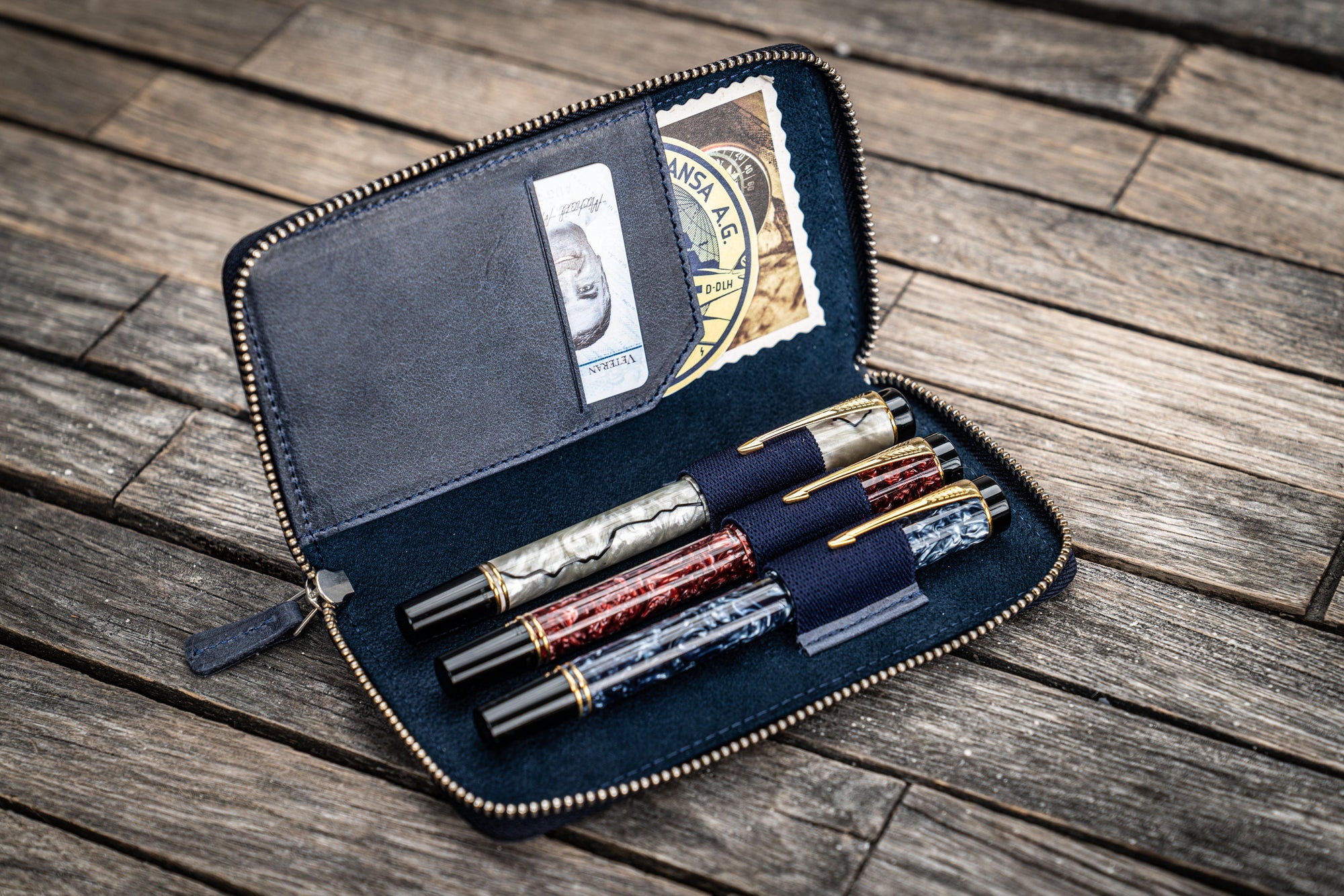 Leather Zippered 3 Slots Pen Case - Crazy Horse Navy Blue-Galen Leather