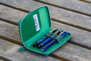Leather Zippered 3 Slots Pen Case - Green-Galen Leather