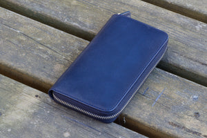 Leather Zippered 3 Slots Pen Case - Navy Blue-Galen Leather