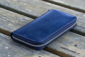 Leather Zippered 3 Slots Pen Case - Navy Blue-Galen Leather