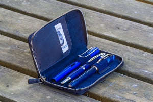Leather Zippered 3 Slots Pen Case - Navy Blue-Galen Leather