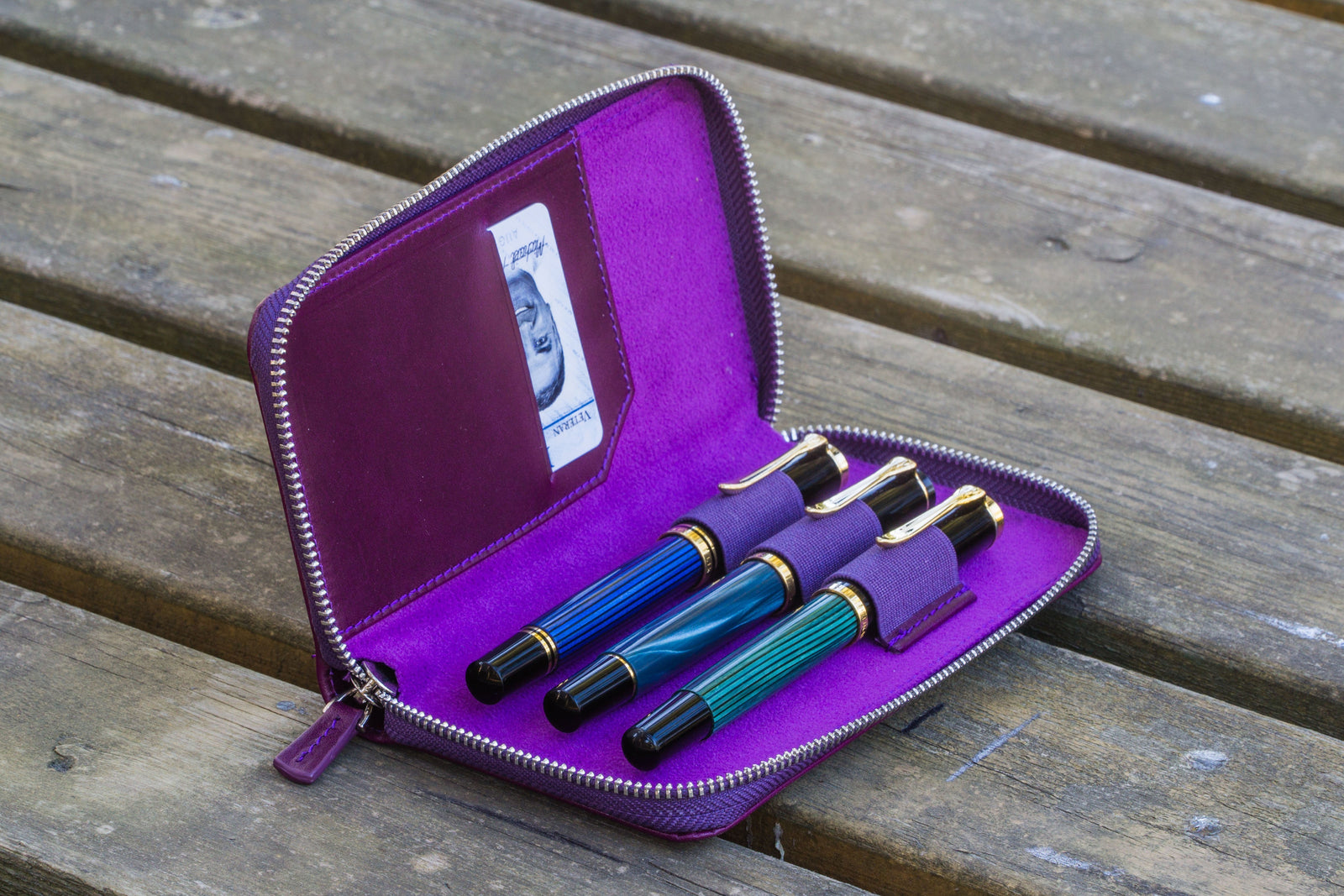 Leather Zippered 3 Slots Pen Case - Purple-Galen Leather