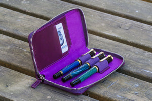 Leather Zippered 3 Slots Pen Case - Purple-Galen Leather