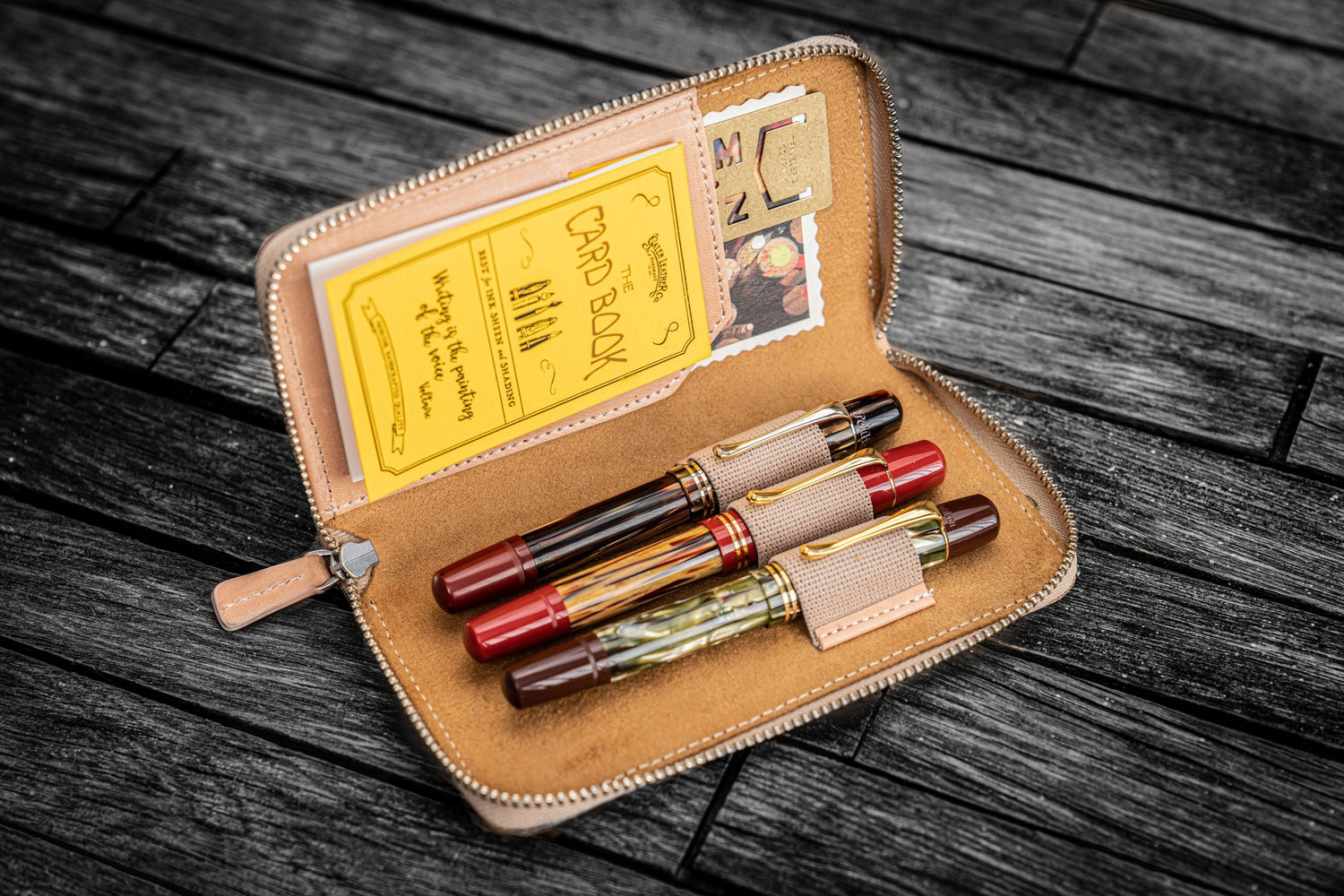 The Antiq Leather Pen Holder, Three Pen Case, Three Fountain Ballpoint  Rollerball Pens, Genuine Leather Pen case with Tuck in Flap