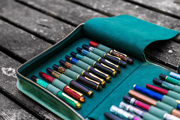 Leather Zippered 40 Slots Pen Case - CH Forest Green - Galen