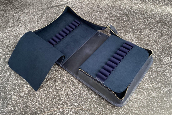 Leather Zippered 40 Slots Pen Case - CH Navy Blue - Galen Leather