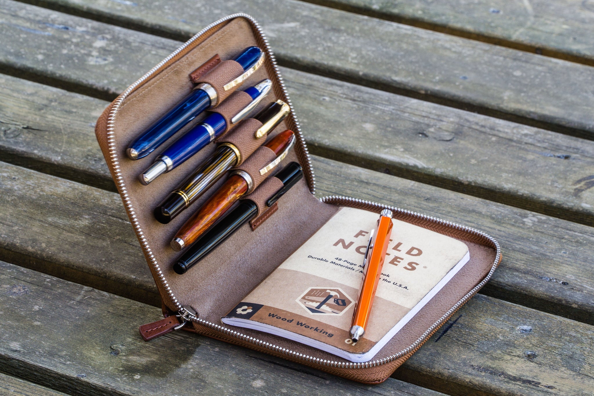 Leather Zippered 5 Slots Pen Case - Brown - Galen Leather