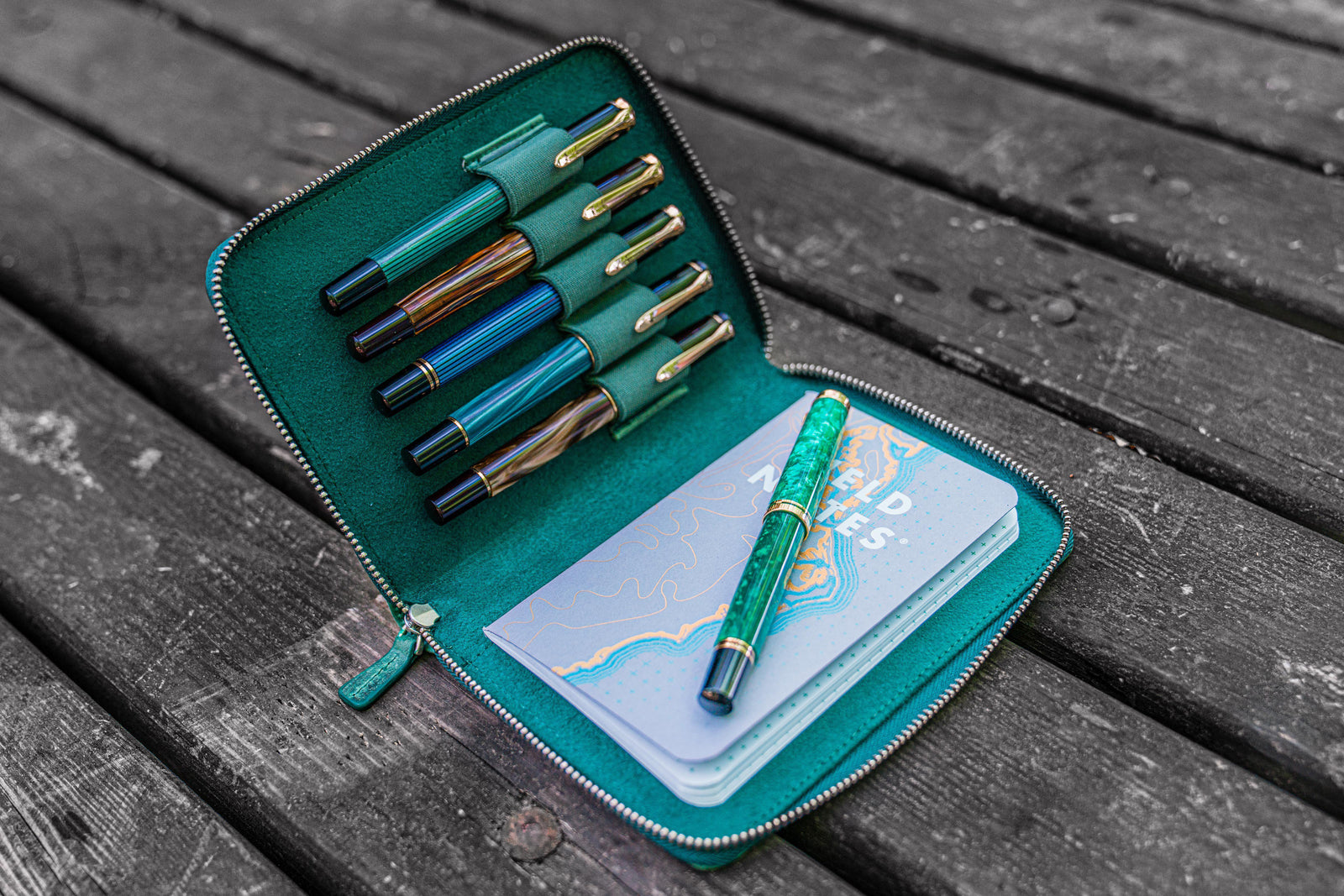 Leather Zippered 5 Slots Pen Case - Crazy Horse Forest Green-Galen Leather