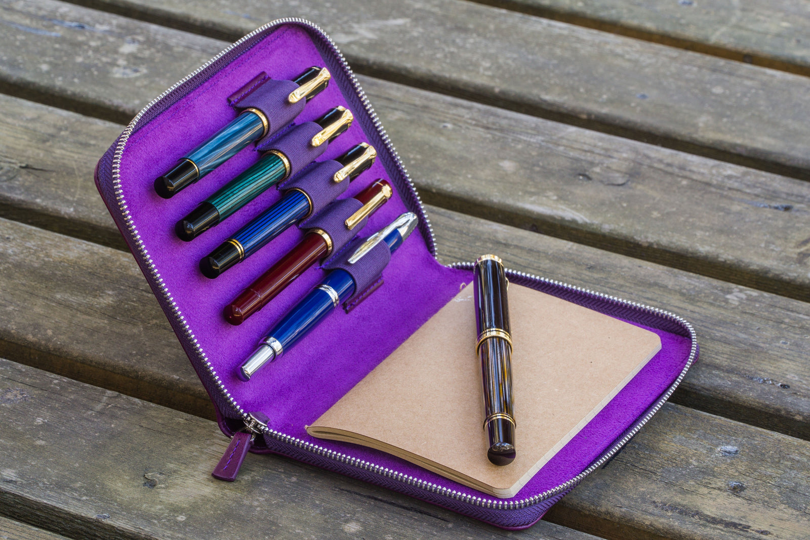 Leather Zippered 5 Slots Pen Case - Purple-Galen Leather