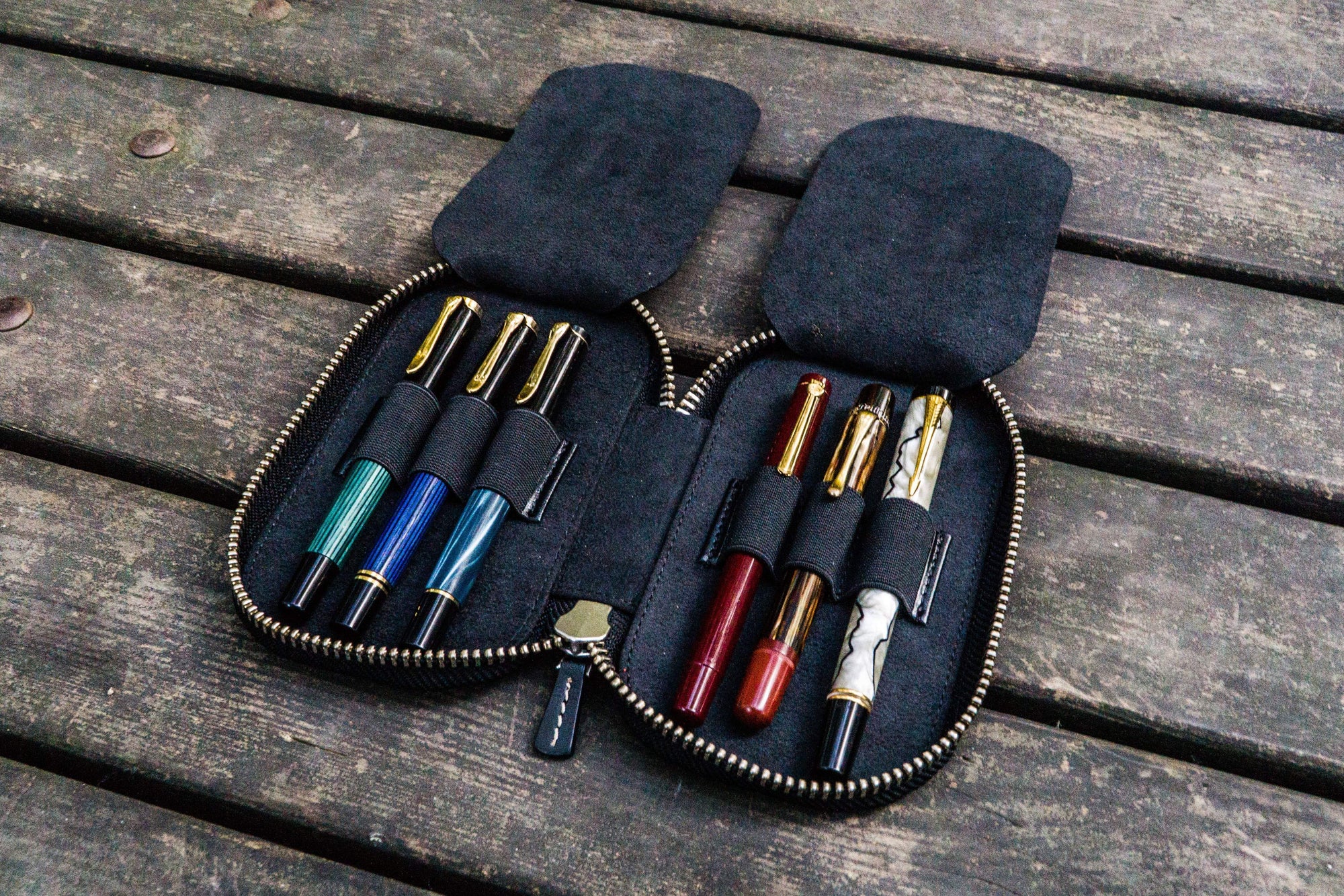 Leather Zippered 6 Slots Pen Case - Black-Galen Leather